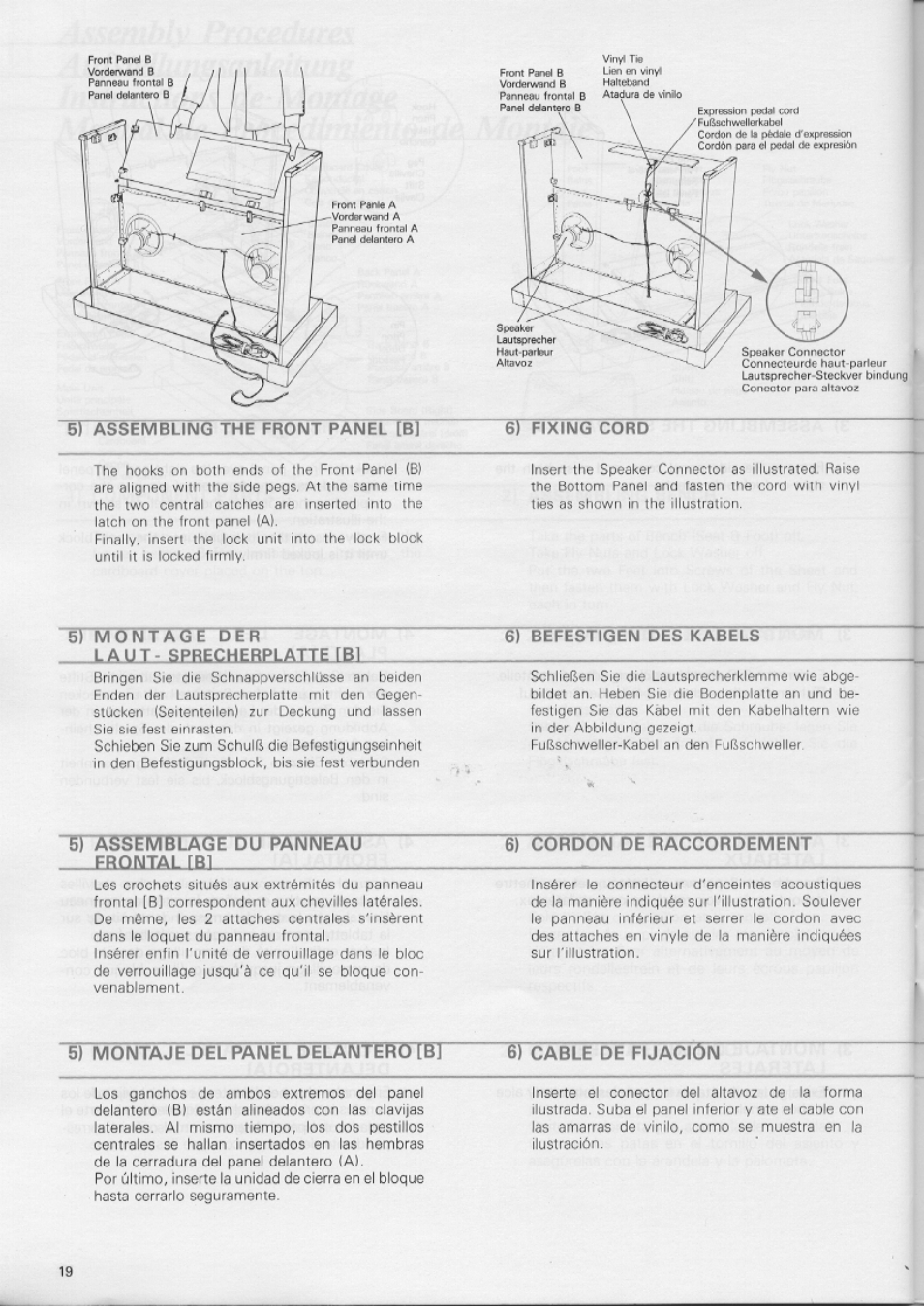 6) assembling the front panel [b, Laut - sprecherplatte [bl, 6) befestigen des kabels | 5) assemblage du panneau, Frontal fbi, 6) assembling the front panel [b] 6} fixing cord, 5) montaje del panel dela, Téro [öj 6) cable de fijacion | Yamaha CN-1000 User Manual | Page 24 / 30