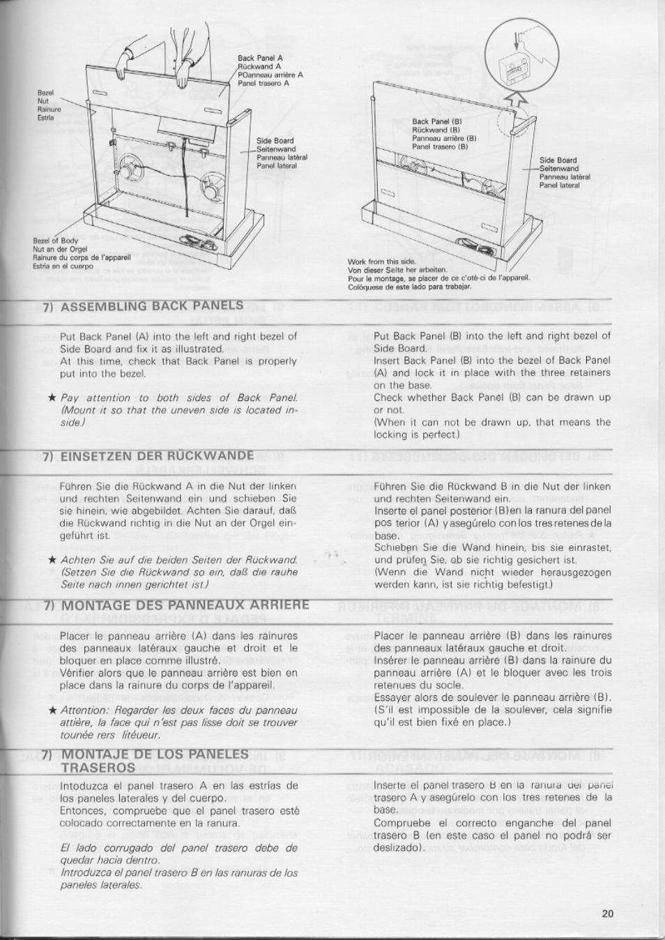 7) assembling backtanels, 7) einsetzen der r^ückwande, Tn^öwiäge dfs panneaux arriere | Montaje de los paneles traseros | Yamaha CN-1000 User Manual | Page 25 / 30