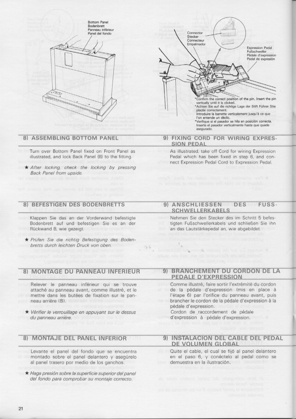 8) assembling bottom panel, 9) fixing cord „-sjojsijbedau, For wiring expres | 9) anschliessen, Schw^ulerkab£ls, Fuss, T)élrédal, Jdtej¿úmm£n..alqbal, Sjojsijbedau, Ôin^ôntàlte dü i^änneau inpèriëüft | Yamaha CN-1000 User Manual | Page 26 / 30