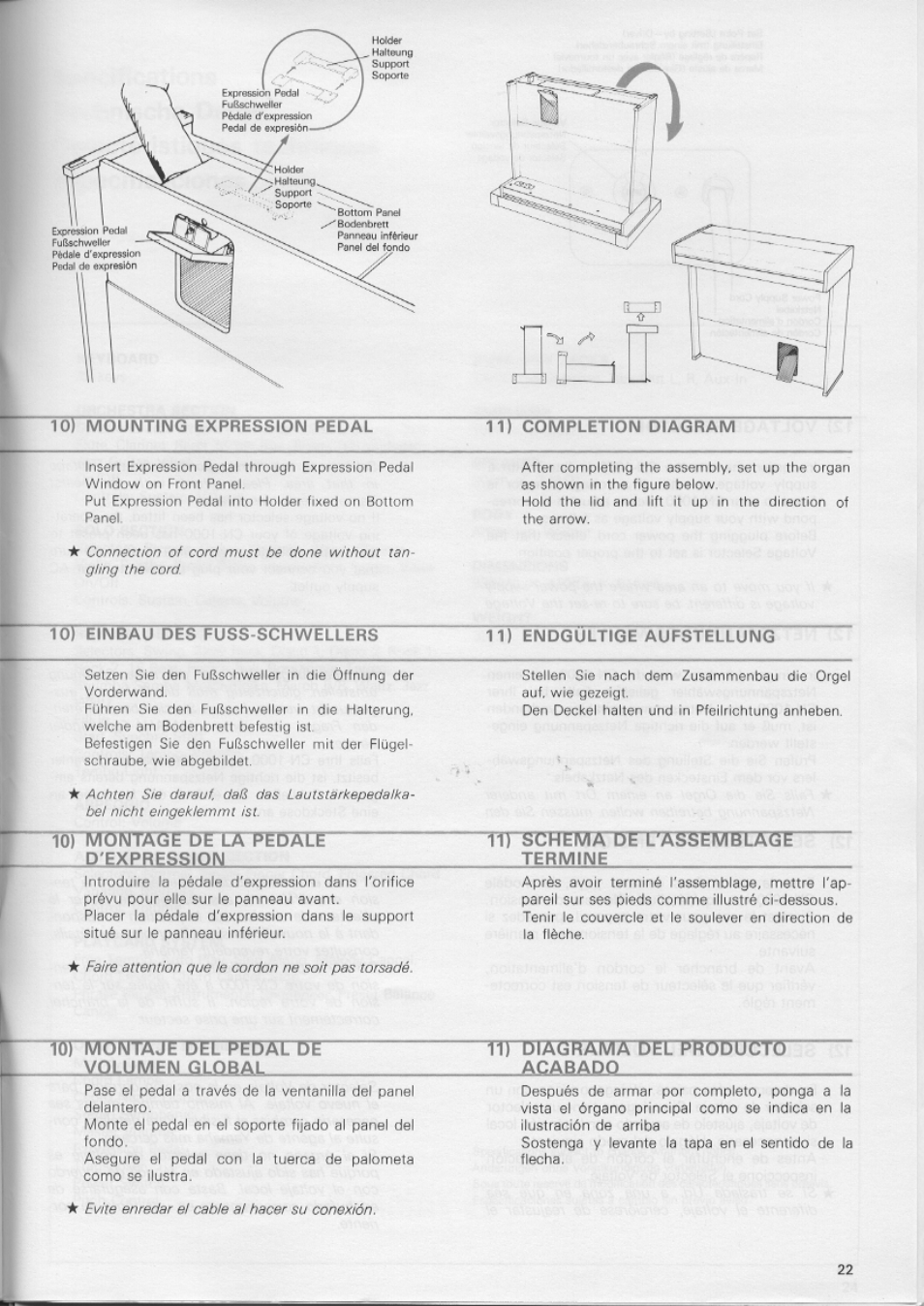11 completion diagram, 10) einbau des fuss-schwellers, 11) endgültige aufstellung | Lünvrorttäge de la pedale, 11) schfema'de l'assemblage, Del producto acabado, Tötitonreje-del pedal de, T d u | Yamaha CN-1000 User Manual | Page 27 / 30