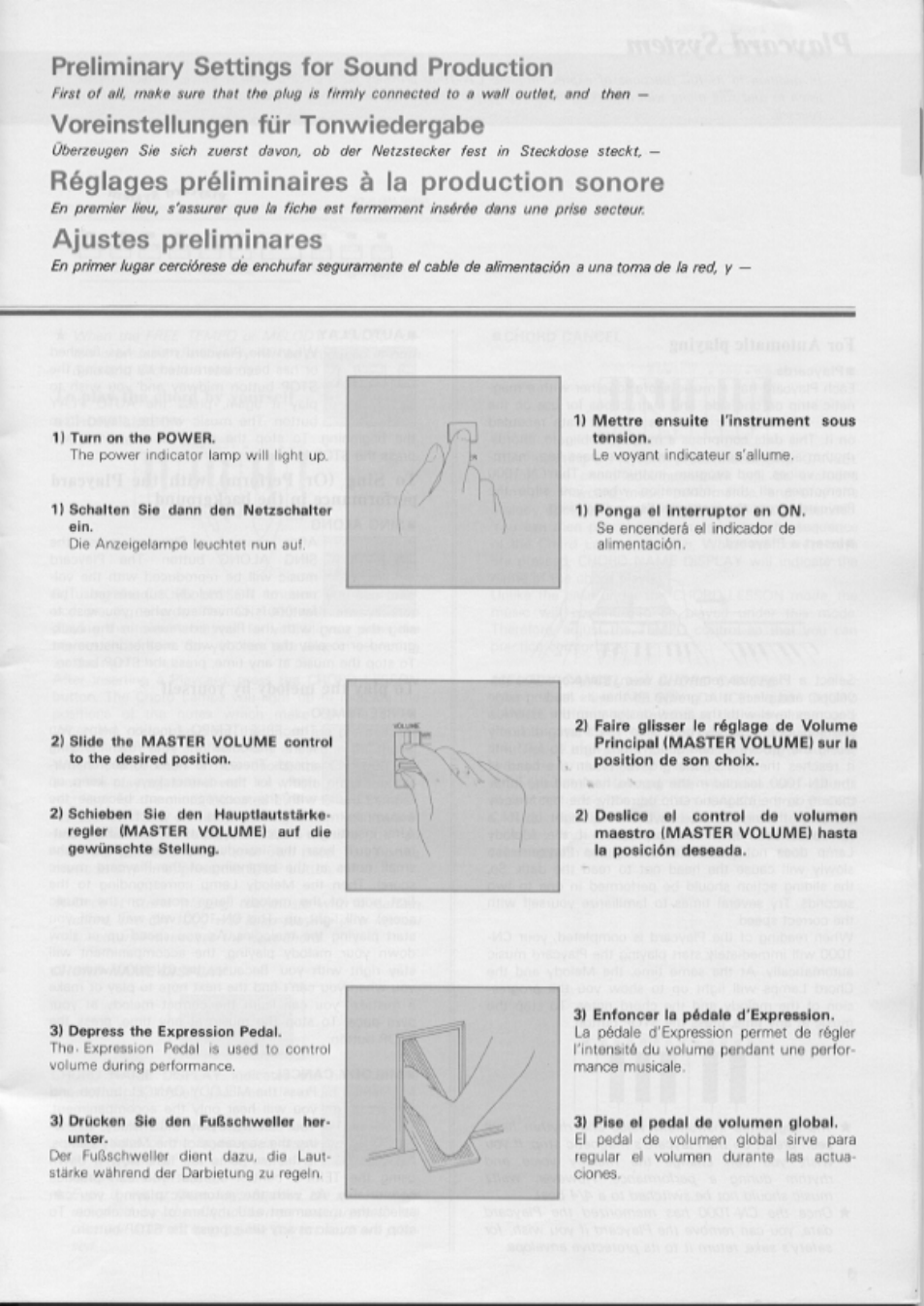 Preliminary settings for sound production, Voreinstellungen für tonwiedergabe, Réglages préliminaires à la production sonore | Ajustes preliminares | Yamaha CN-1000 User Manual | Page 5 / 30