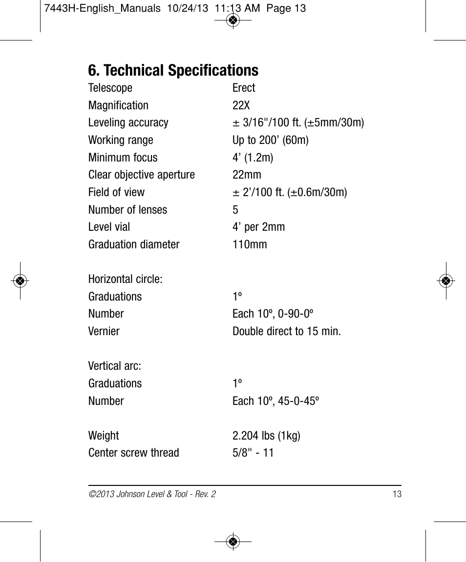 Technical specifications | Johnson Level & Tool Mfg. 40-6912 User Manual | Page 13 / 16