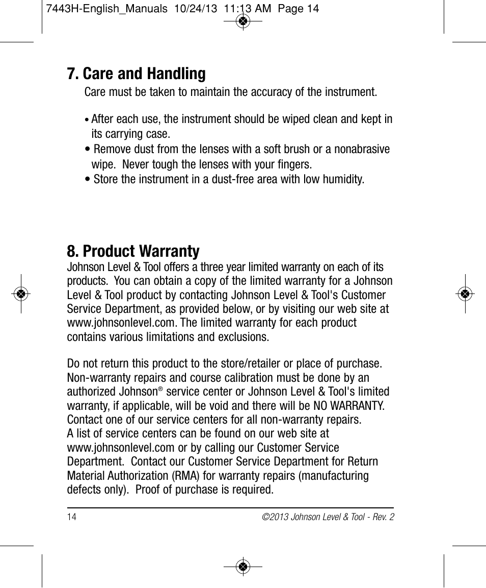 Care and handling, Product warranty | Johnson Level & Tool Mfg. 40-6912 User Manual | Page 14 / 16