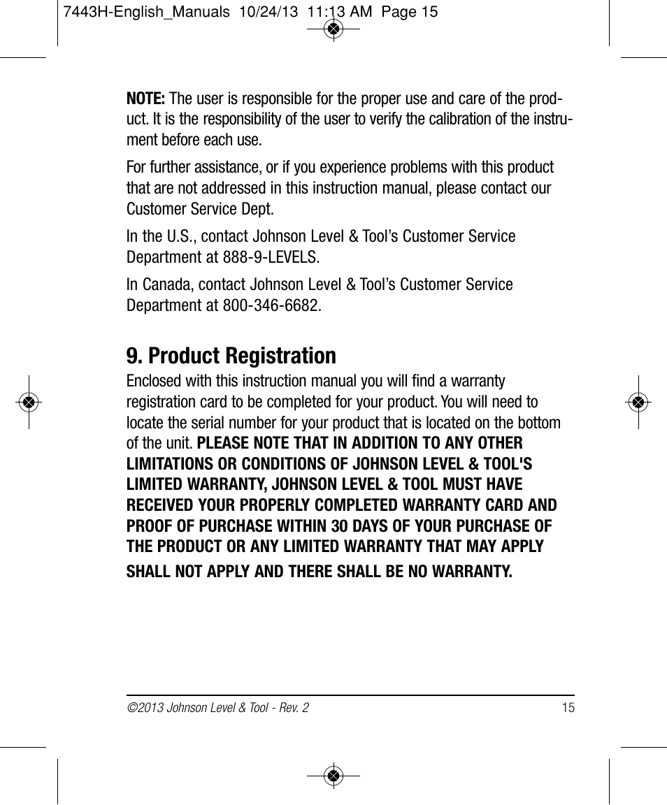 Product registration | Johnson Level & Tool Mfg. 40-6912 User Manual | Page 15 / 16