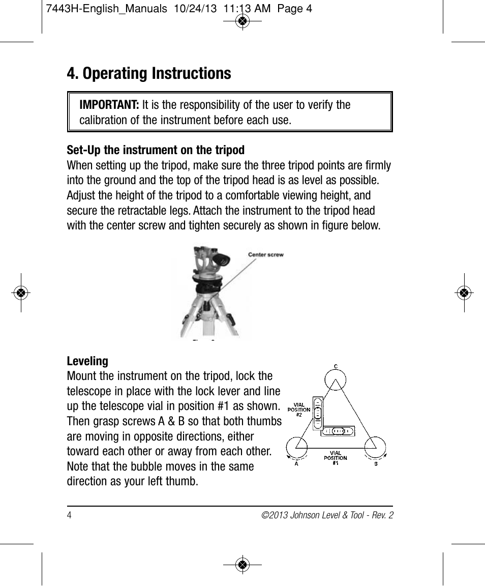 Operating instructions | Johnson Level & Tool Mfg. 40-6912 User Manual | Page 4 / 16