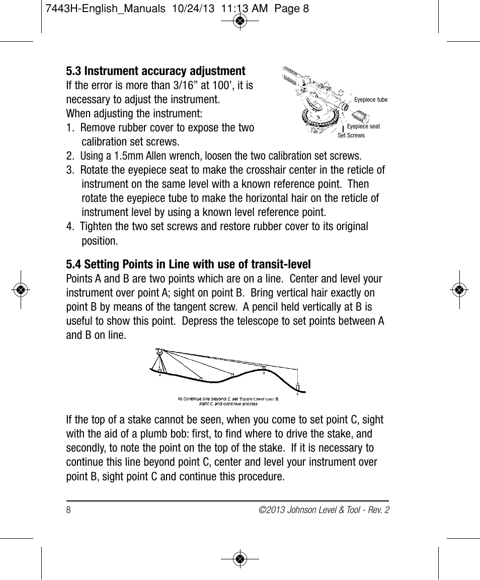 3 instrument accuracy adjustment, 4 setting points in line with use of transit-level | Johnson Level & Tool Mfg. 40-6912 User Manual | Page 8 / 16