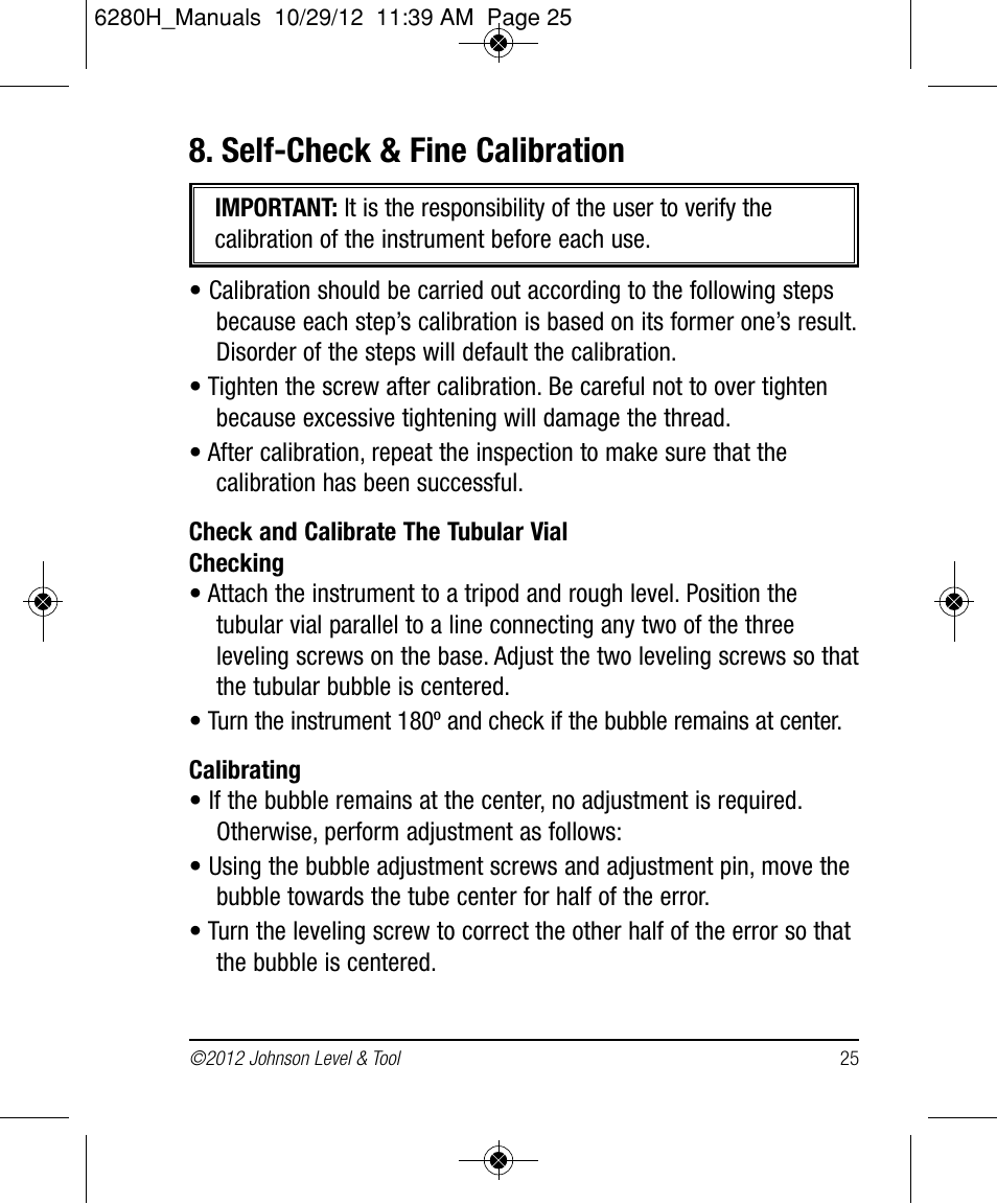 Self-check & fine calibration | Johnson Level & Tool Mfg. 40-6936 User Manual | Page 25 / 38