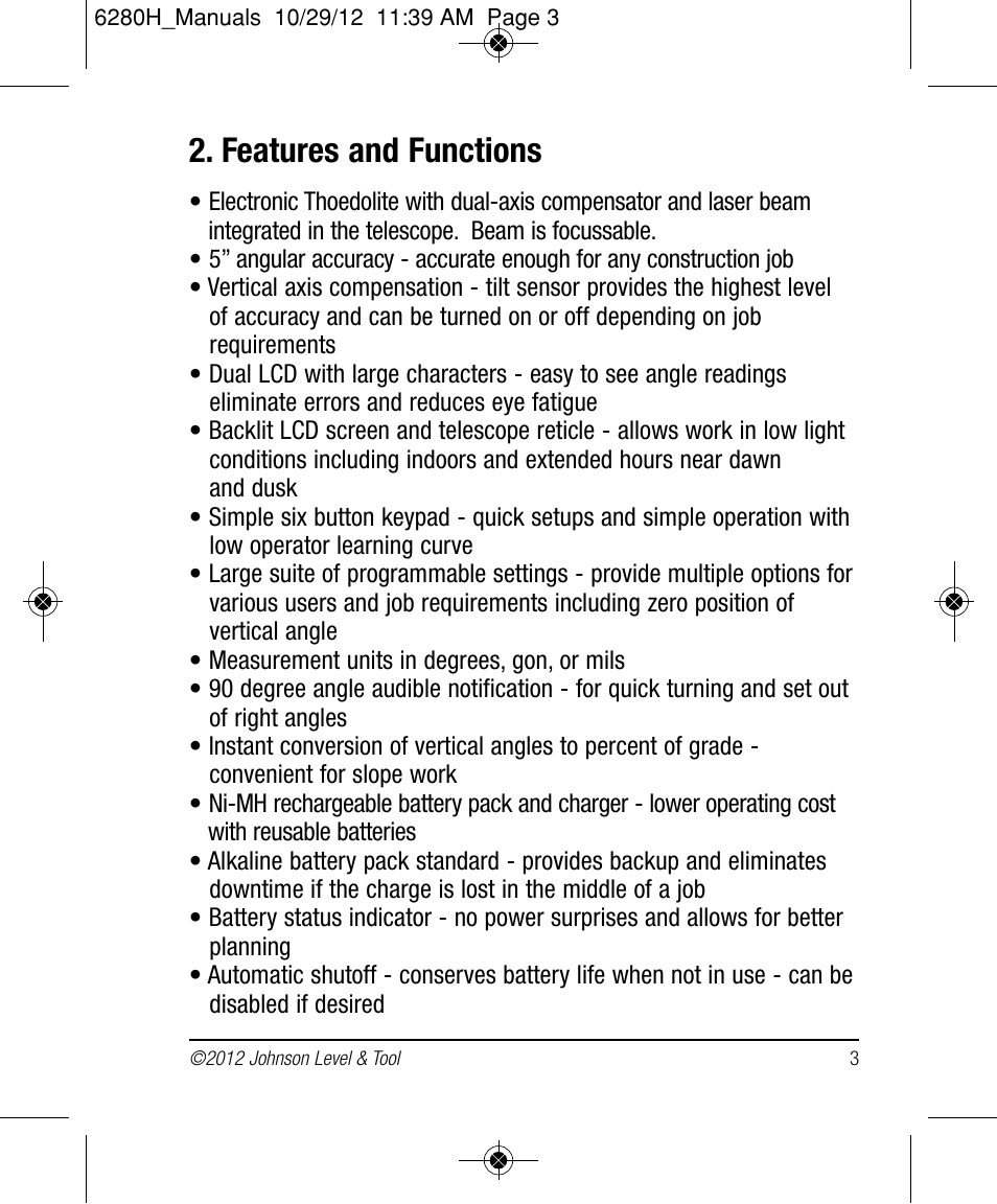 Features and functions | Johnson Level & Tool Mfg. 40-6936 User Manual | Page 3 / 38