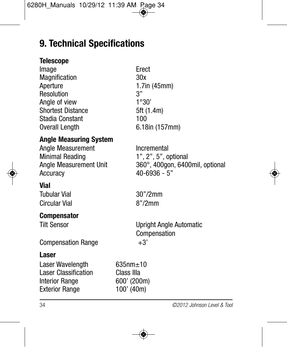 Technical specifications | Johnson Level & Tool Mfg. 40-6936 User Manual | Page 34 / 38