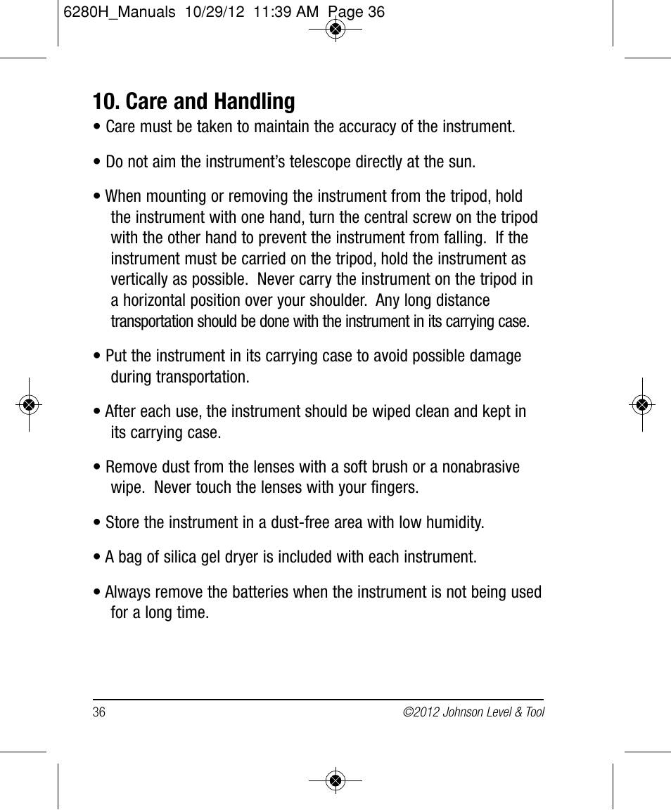 Care and handling | Johnson Level & Tool Mfg. 40-6936 User Manual | Page 36 / 38