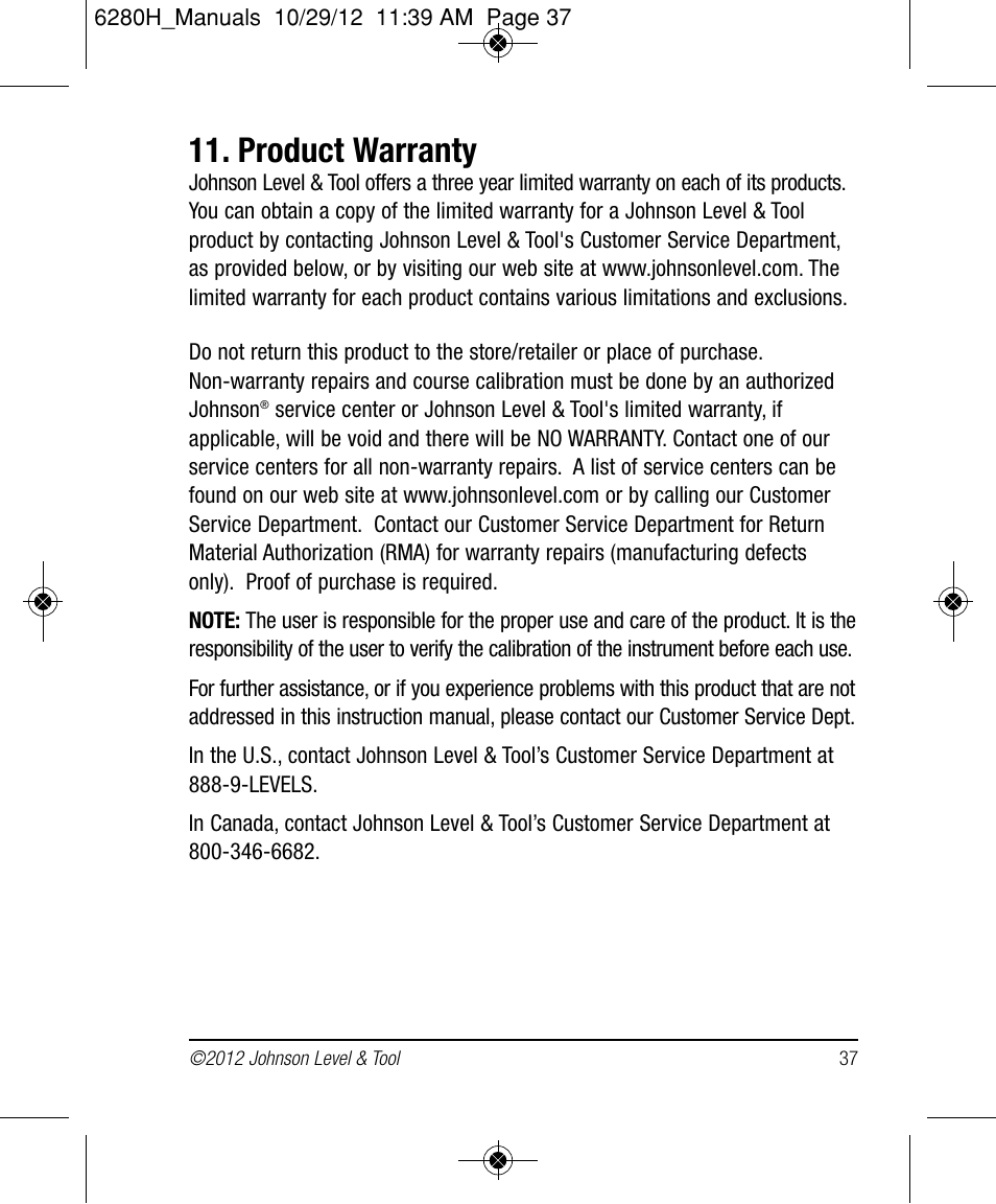Product warranty | Johnson Level & Tool Mfg. 40-6936 User Manual | Page 37 / 38