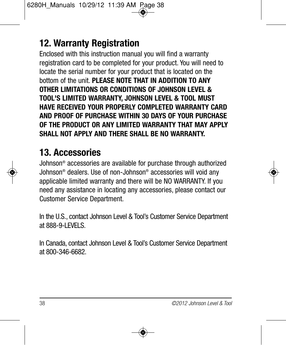 Warranty registration, Accessories | Johnson Level & Tool Mfg. 40-6936 User Manual | Page 38 / 38