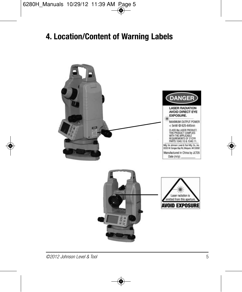 Location/content of warning labels | Johnson Level & Tool Mfg. 40-6936 User Manual | Page 5 / 38
