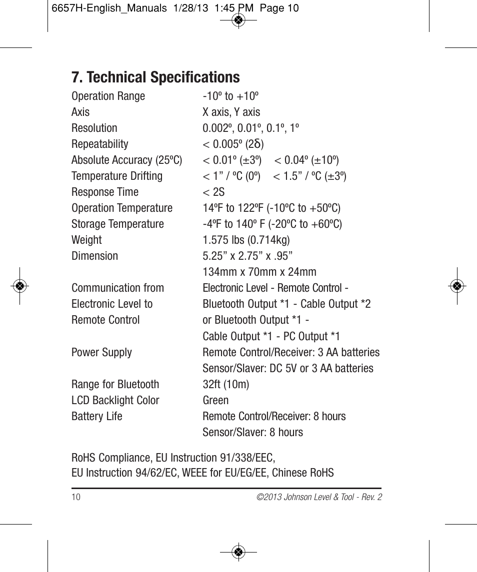 Technical specifications | Johnson Level & Tool Mfg. 40-6250 User Manual | Page 10 / 12