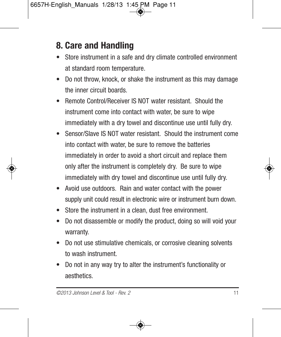 Care and handling | Johnson Level & Tool Mfg. 40-6250 User Manual | Page 11 / 12
