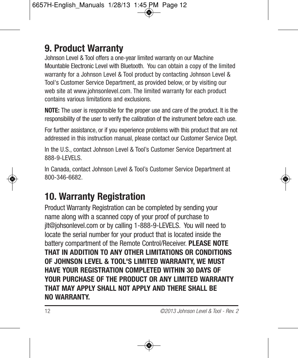 Product warranty, Warranty registration | Johnson Level & Tool Mfg. 40-6250 User Manual | Page 12 / 12