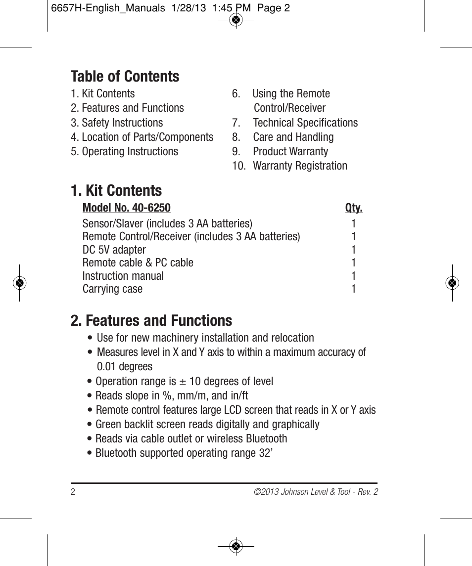 Johnson Level & Tool Mfg. 40-6250 User Manual | Page 2 / 12