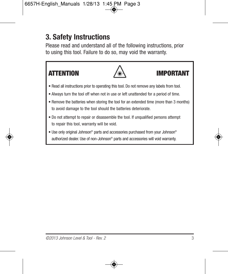 Safety instructions, Attention important | Johnson Level & Tool Mfg. 40-6250 User Manual | Page 3 / 12