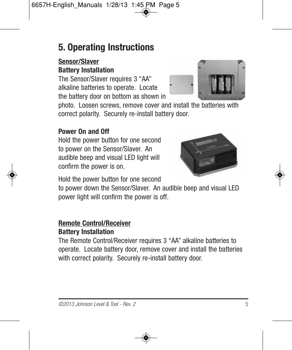 Operating instructions | Johnson Level & Tool Mfg. 40-6250 User Manual | Page 5 / 12
