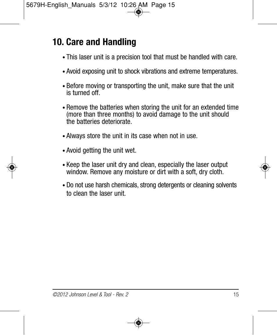 Care and handling | Johnson Level & Tool Mfg. 40-6065 User Manual | Page 15 / 16