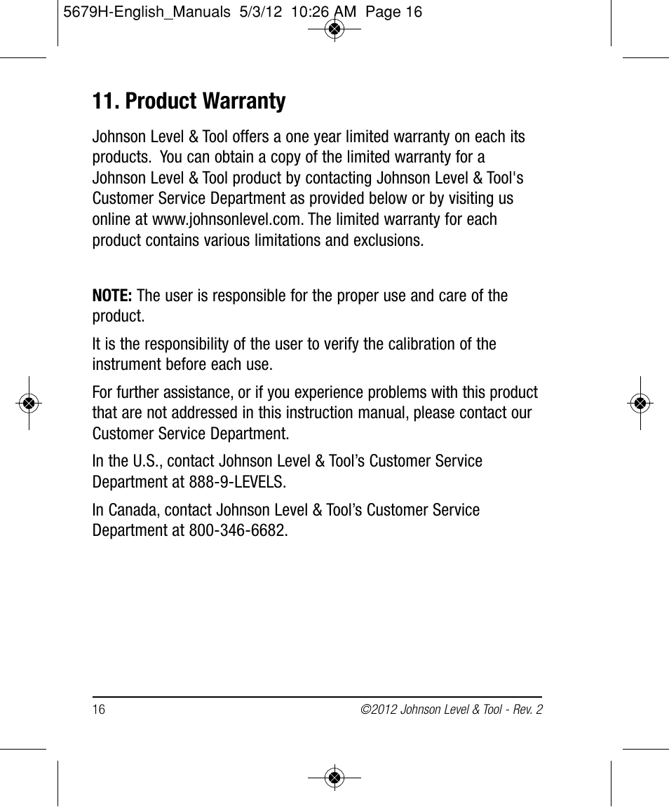 Product warranty | Johnson Level & Tool Mfg. 40-6065 User Manual | Page 16 / 16