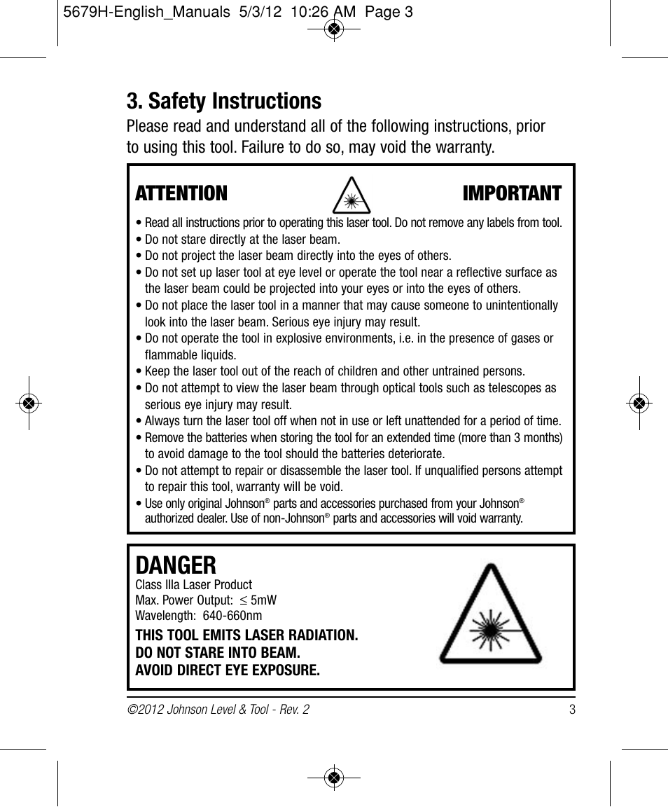 Danger, Safety instructions, Attention important | Johnson Level & Tool Mfg. 40-6065 User Manual | Page 3 / 16
