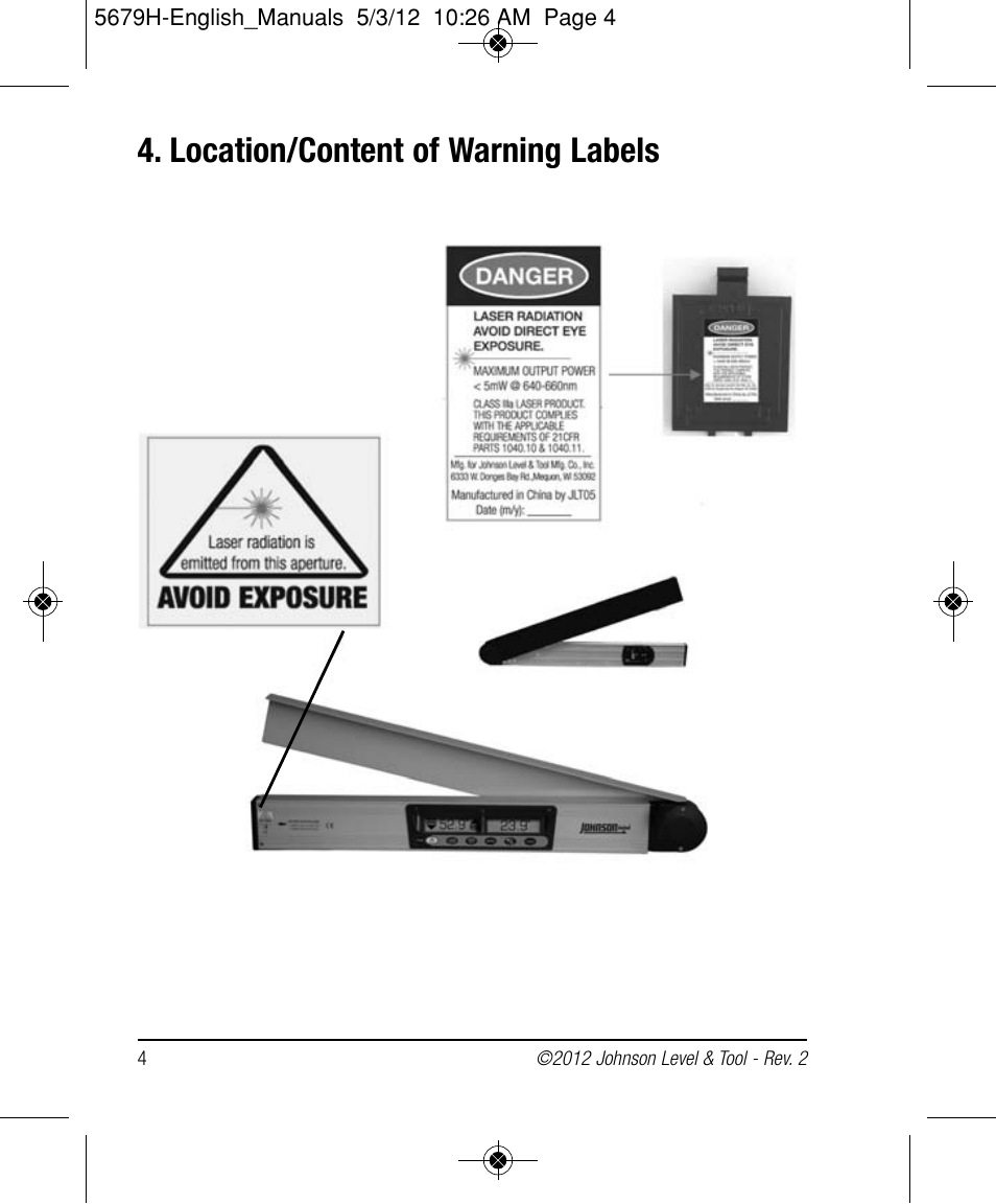 Location/content of warning labels | Johnson Level & Tool Mfg. 40-6065 User Manual | Page 4 / 16