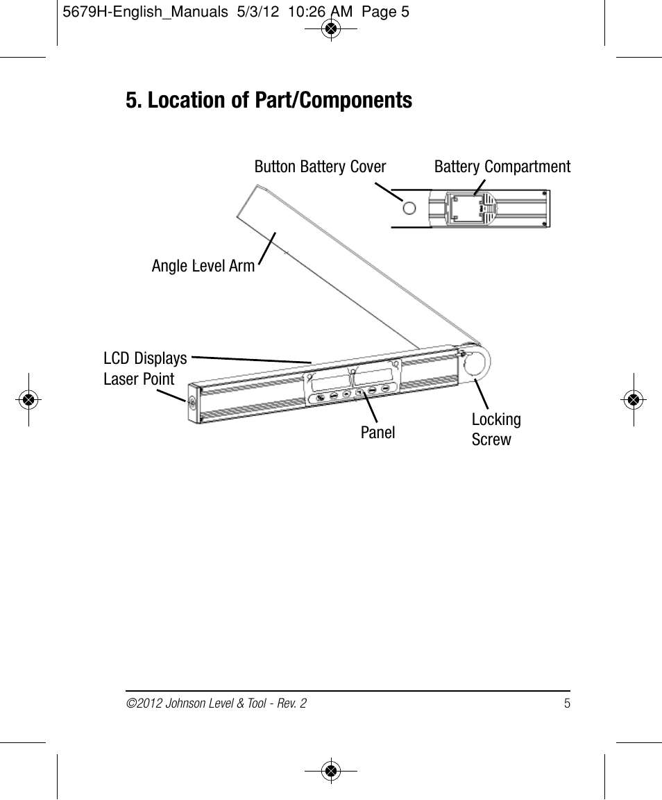 Location of part/components | Johnson Level & Tool Mfg. 40-6065 User Manual | Page 5 / 16