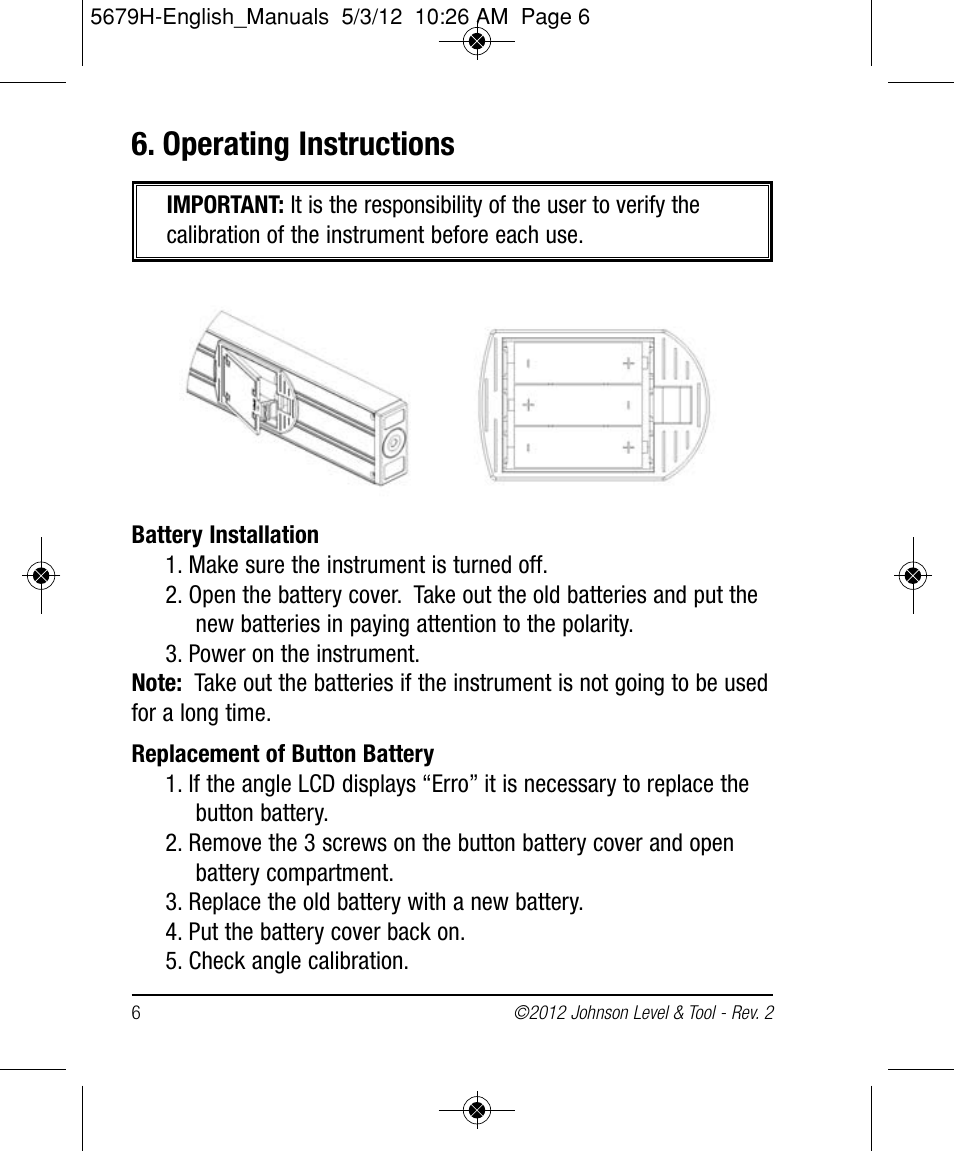 Operating instructions | Johnson Level & Tool Mfg. 40-6065 User Manual | Page 6 / 16