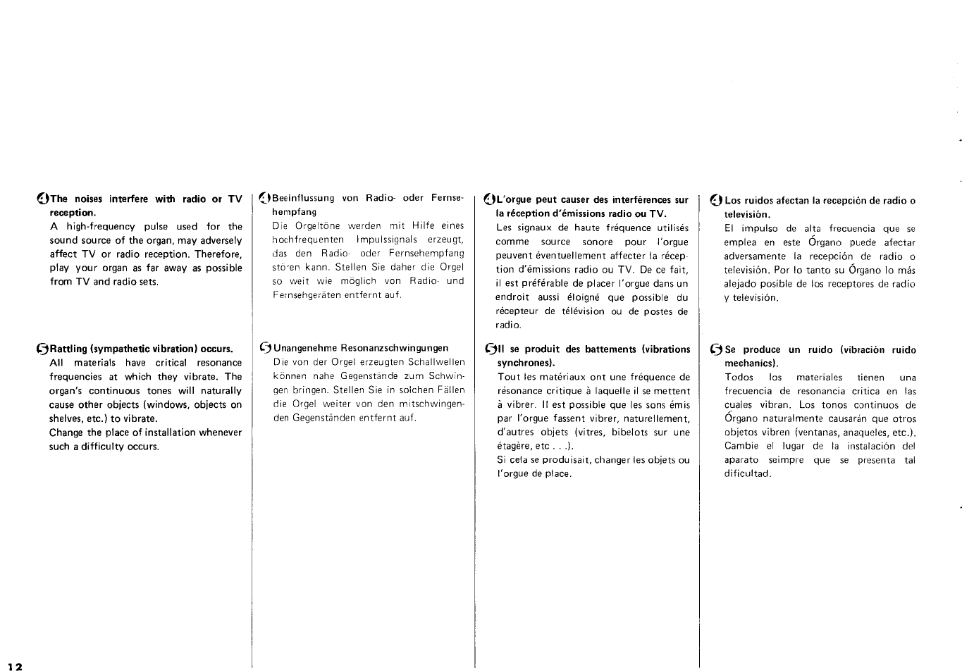 Othe noises interfere with radio or tv reception, Rattling (sympathetic vibration) occurs | Yamaha CN-70 User Manual | Page 14 / 16