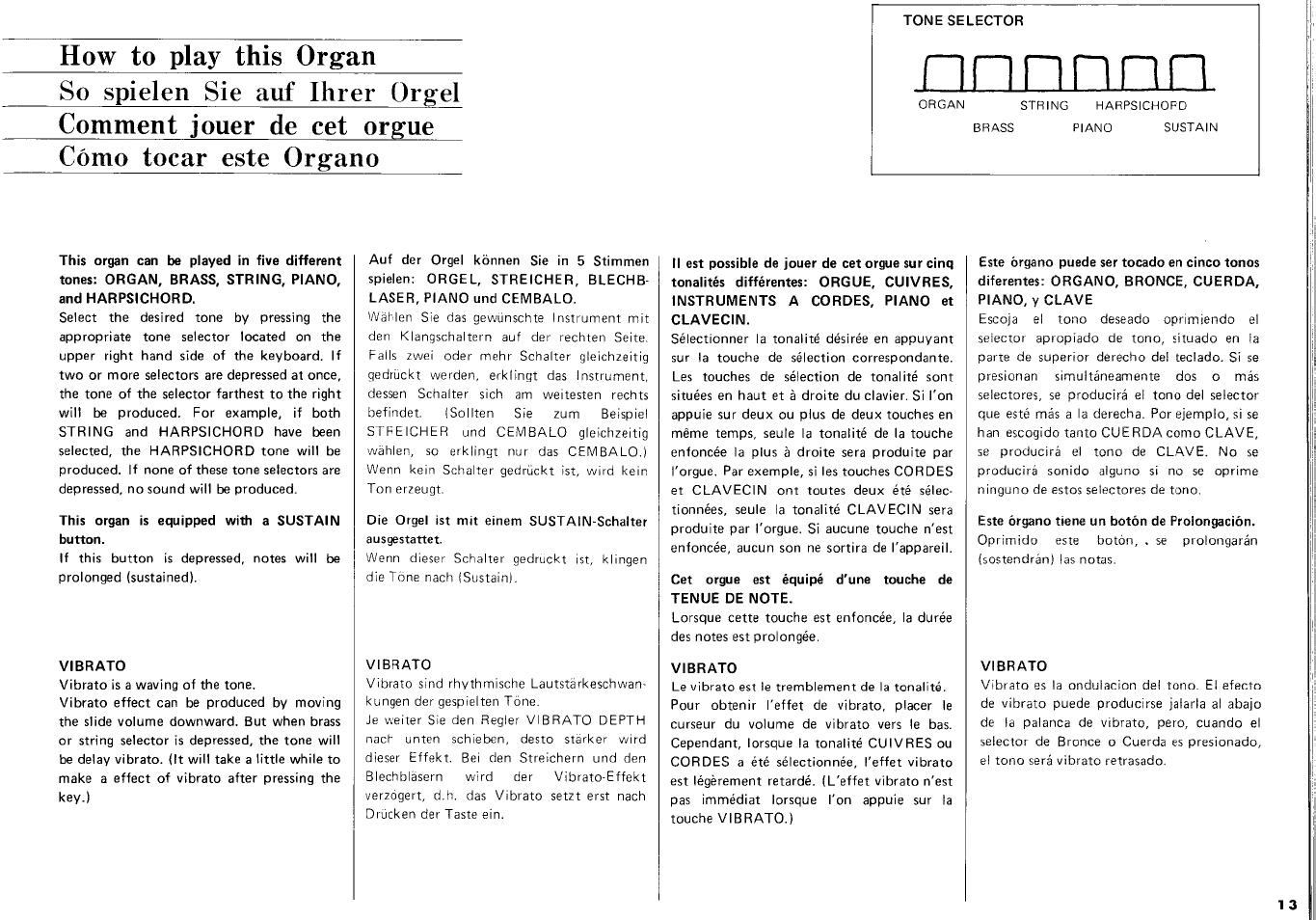 This organ is equipped with a sustain button, Vibrato, Cet orgue est équipé d'une touche de tenue de note | Пi n n j | Yamaha CN-70 User Manual | Page 15 / 16