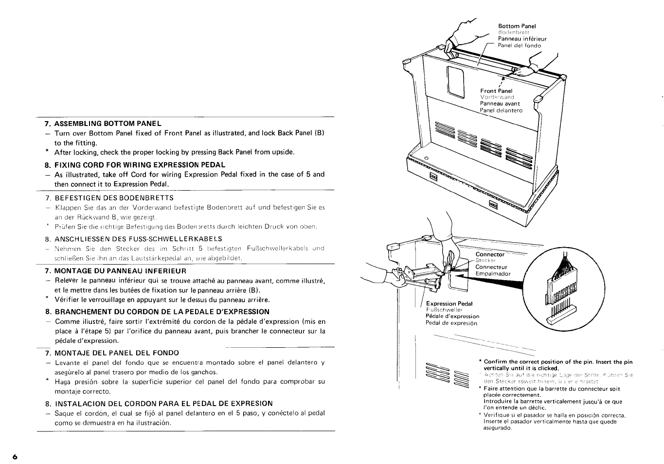 Assembling bottom panel, Fixing cord for wiring expression pedal, Montage du panneau inferieur | Branchement du cordon de la pedale d'expression | Yamaha CN-70 User Manual | Page 8 / 16