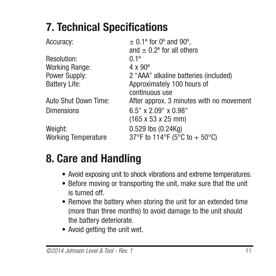 Technical specifications, Care and handling | Johnson Level & Tool Mfg. 1455-0000 User Manual | Page 11 / 42
