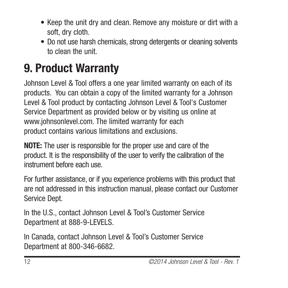 Product warranty | Johnson Level & Tool Mfg. 1455-0000 User Manual | Page 12 / 42