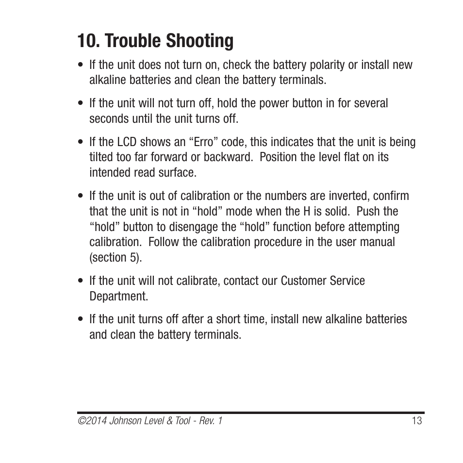 Trouble shooting | Johnson Level & Tool Mfg. 1455-0000 User Manual | Page 13 / 42