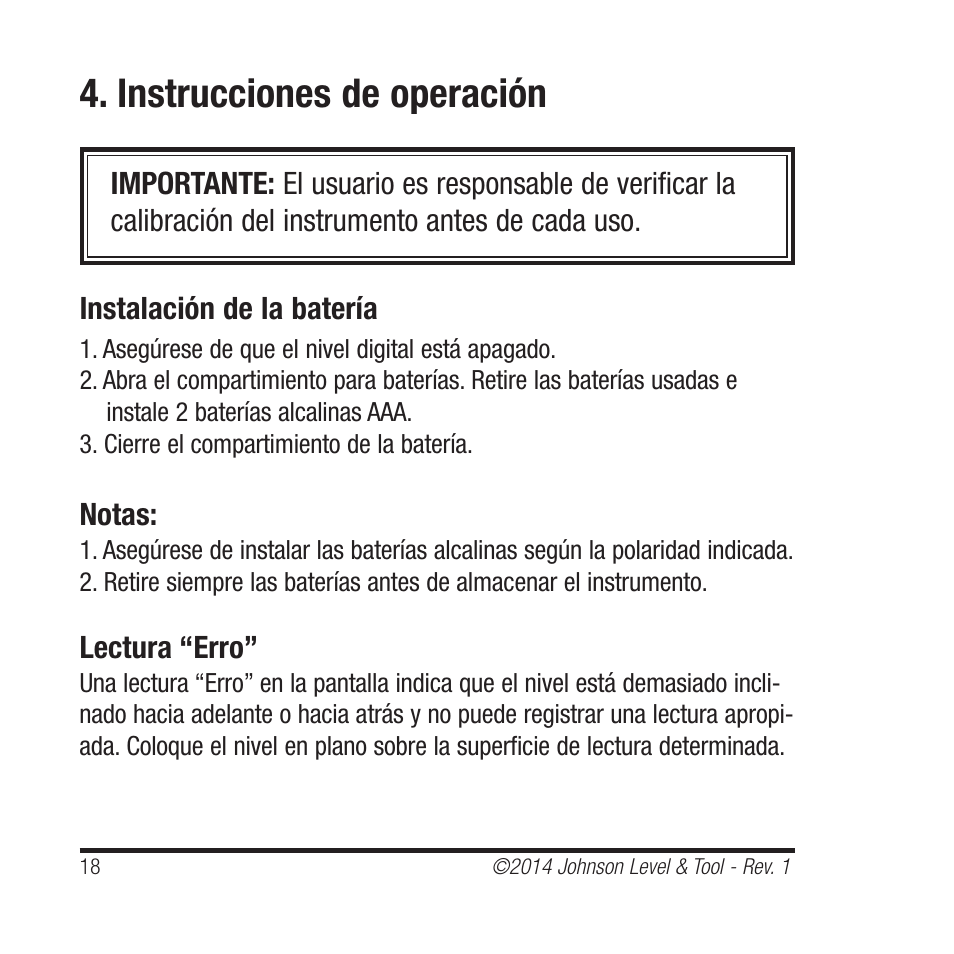 Instrucciones de operación | Johnson Level & Tool Mfg. 1455-0000 User Manual | Page 18 / 42