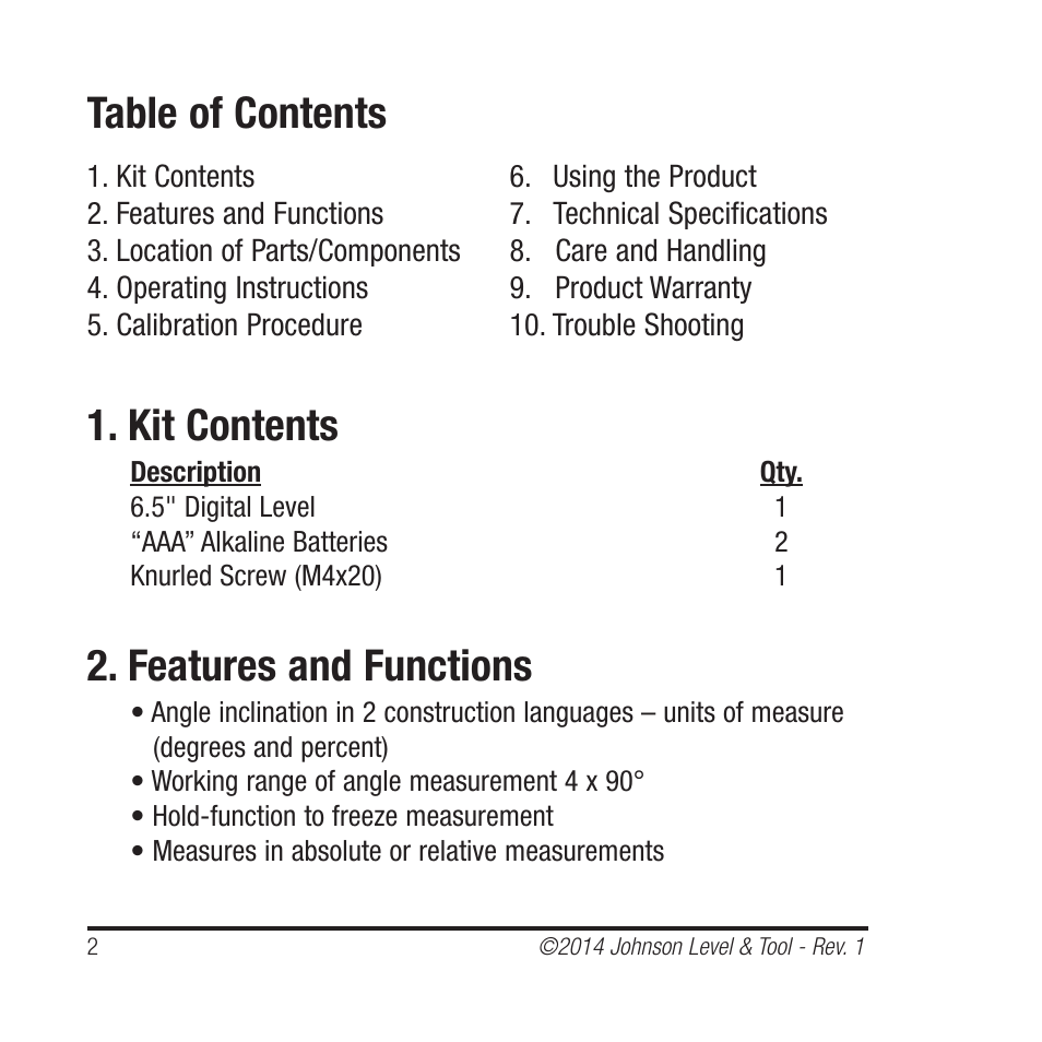 Table of contents 1. kit contents, Features and functions | Johnson Level & Tool Mfg. 1455-0000 User Manual | Page 2 / 42