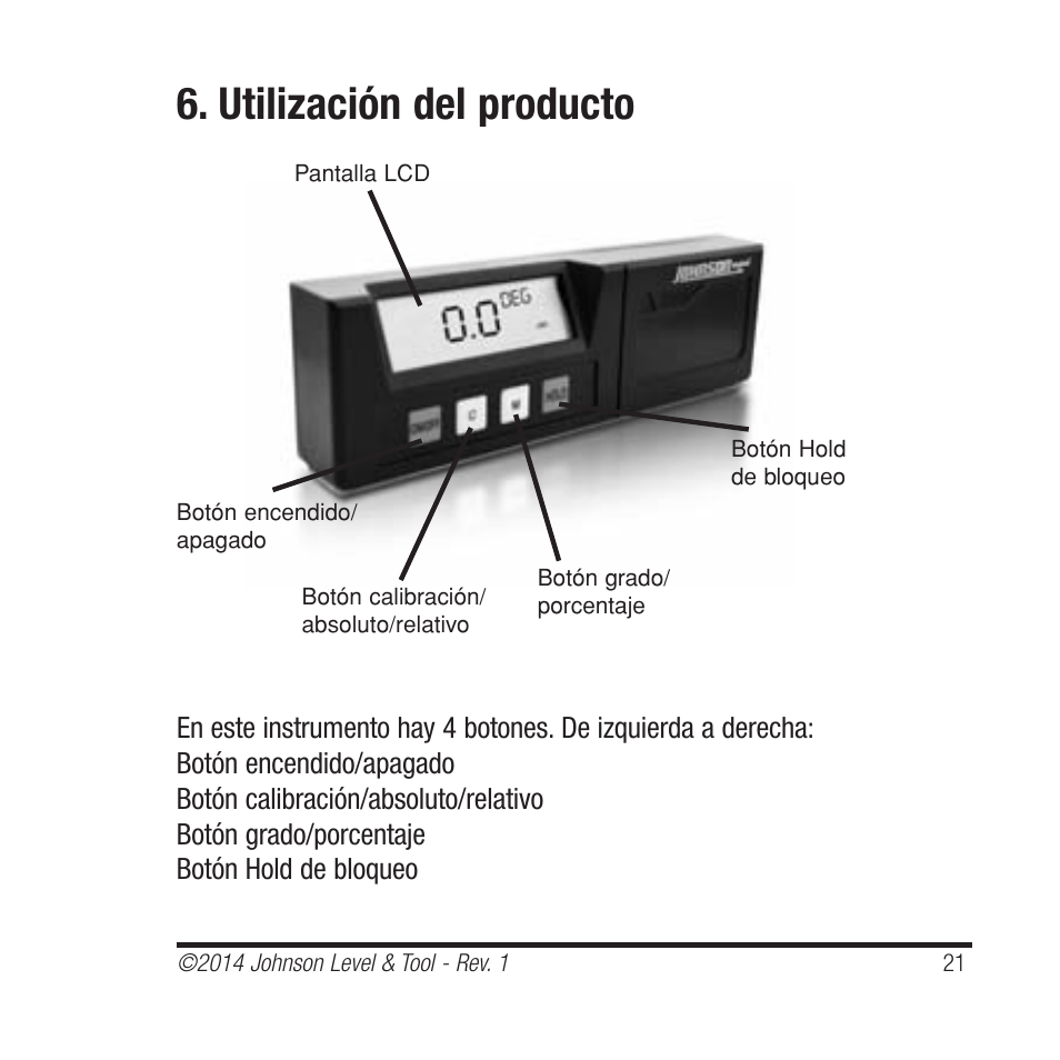 Utilización del producto | Johnson Level & Tool Mfg. 1455-0000 User Manual | Page 21 / 42