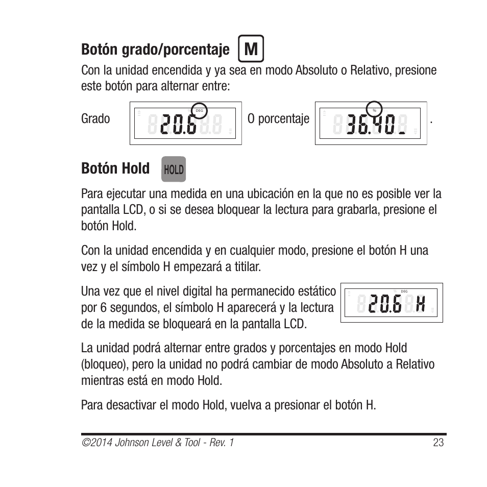 Botón grado/porcentaje, Botón hold, Hold | Johnson Level & Tool Mfg. 1455-0000 User Manual | Page 23 / 42