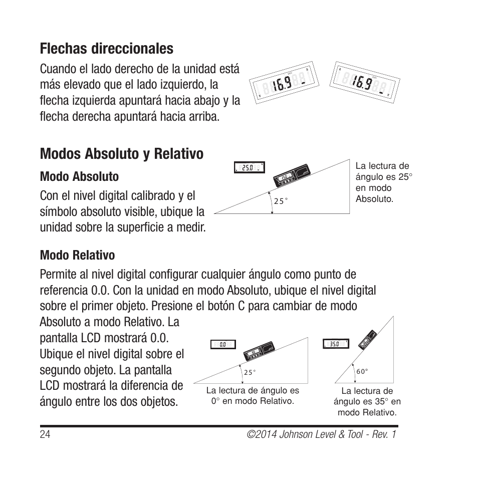 Flechas direccionales, Modos absoluto y relativo | Johnson Level & Tool Mfg. 1455-0000 User Manual | Page 24 / 42