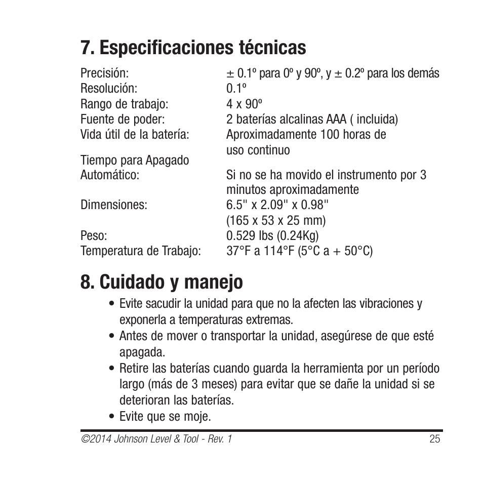Especificaciones técnicas, Cuidado y manejo | Johnson Level & Tool Mfg. 1455-0000 User Manual | Page 25 / 42