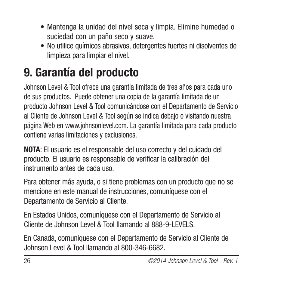 Garantía del producto | Johnson Level & Tool Mfg. 1455-0000 User Manual | Page 26 / 42