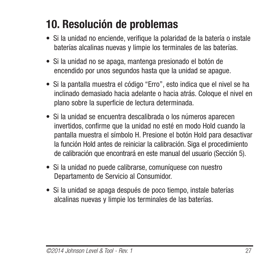 Resolución de problemas | Johnson Level & Tool Mfg. 1455-0000 User Manual | Page 27 / 42