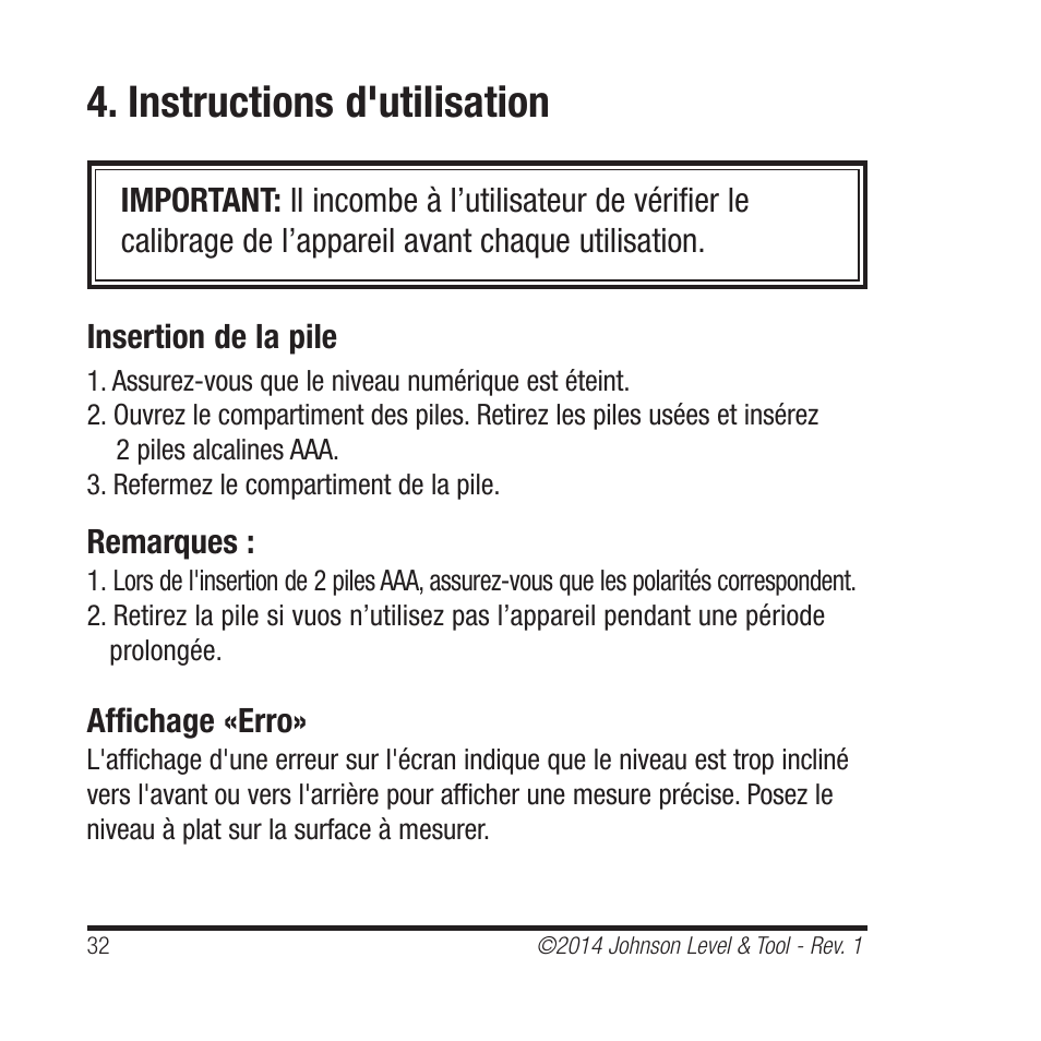 Instructions d'utilisation | Johnson Level & Tool Mfg. 1455-0000 User Manual | Page 32 / 42