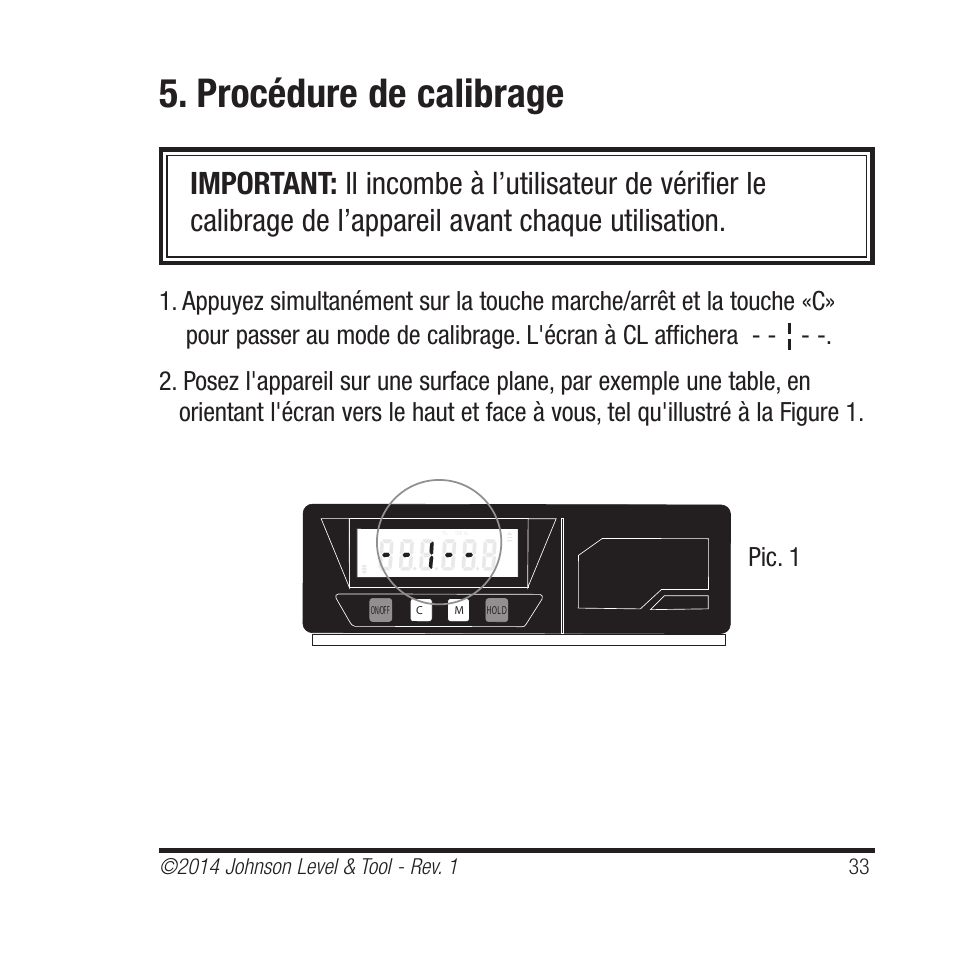 Procédure de calibrage, Pic. 1 | Johnson Level & Tool Mfg. 1455-0000 User Manual | Page 33 / 42