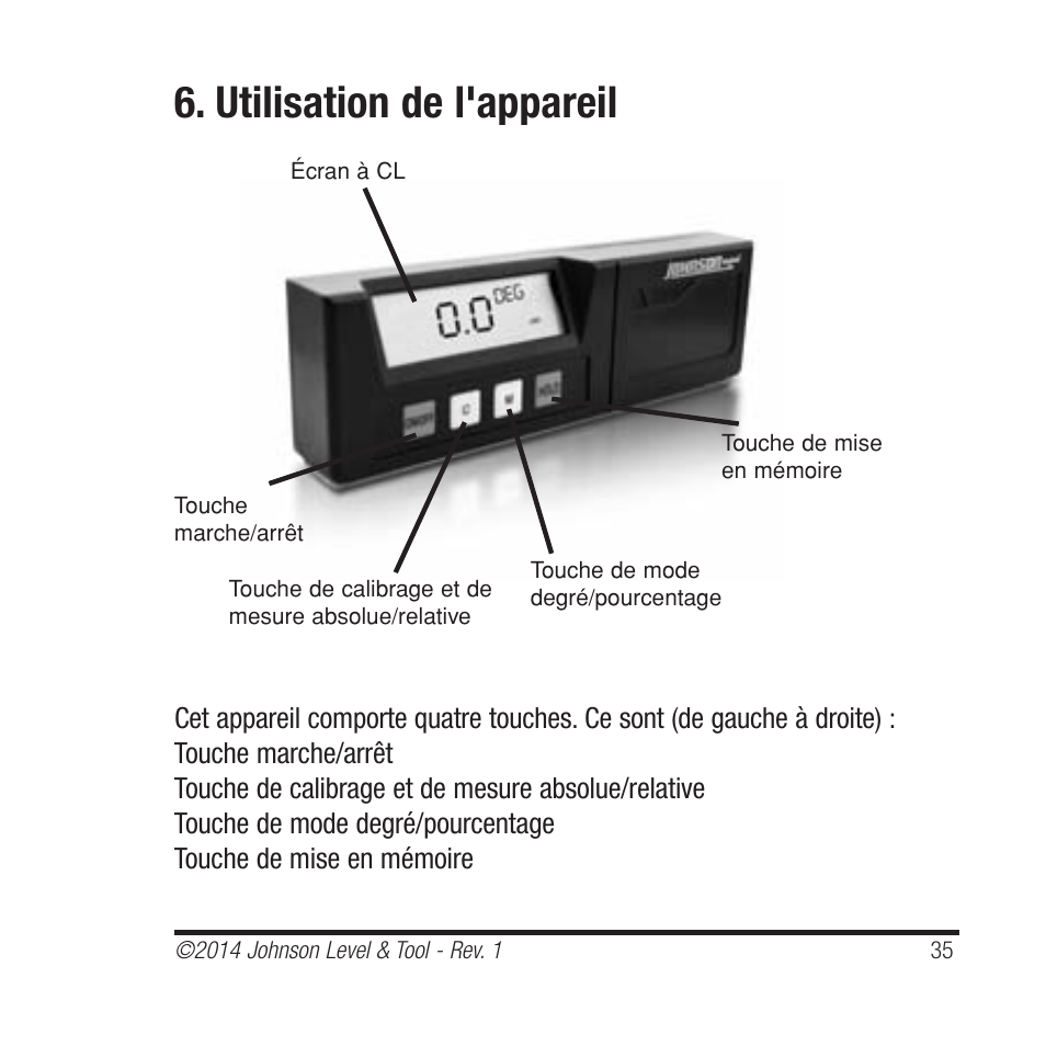Utilisation de l'appareil | Johnson Level & Tool Mfg. 1455-0000 User Manual | Page 35 / 42