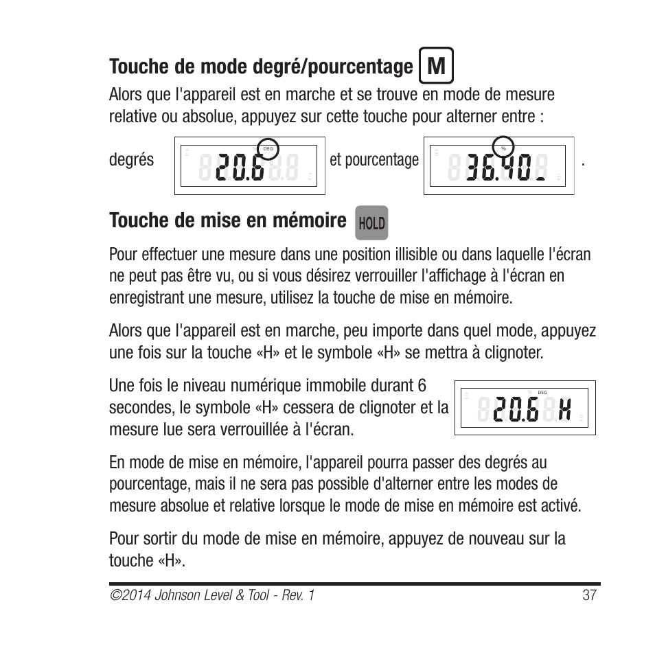 Touche de mode degré/pourcentage, Touche de mise en mémoire, Hold | Johnson Level & Tool Mfg. 1455-0000 User Manual | Page 37 / 42