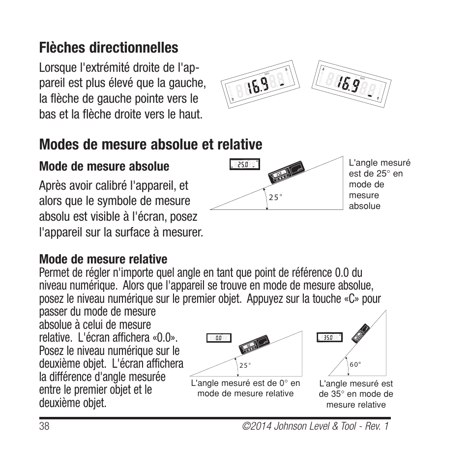 Flèches directionnelles, Modes de mesure absolue et relative | Johnson Level & Tool Mfg. 1455-0000 User Manual | Page 38 / 42