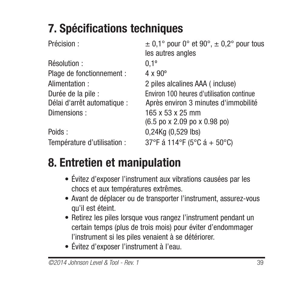 Spécifications techniques, Entretien et manipulation | Johnson Level & Tool Mfg. 1455-0000 User Manual | Page 39 / 42