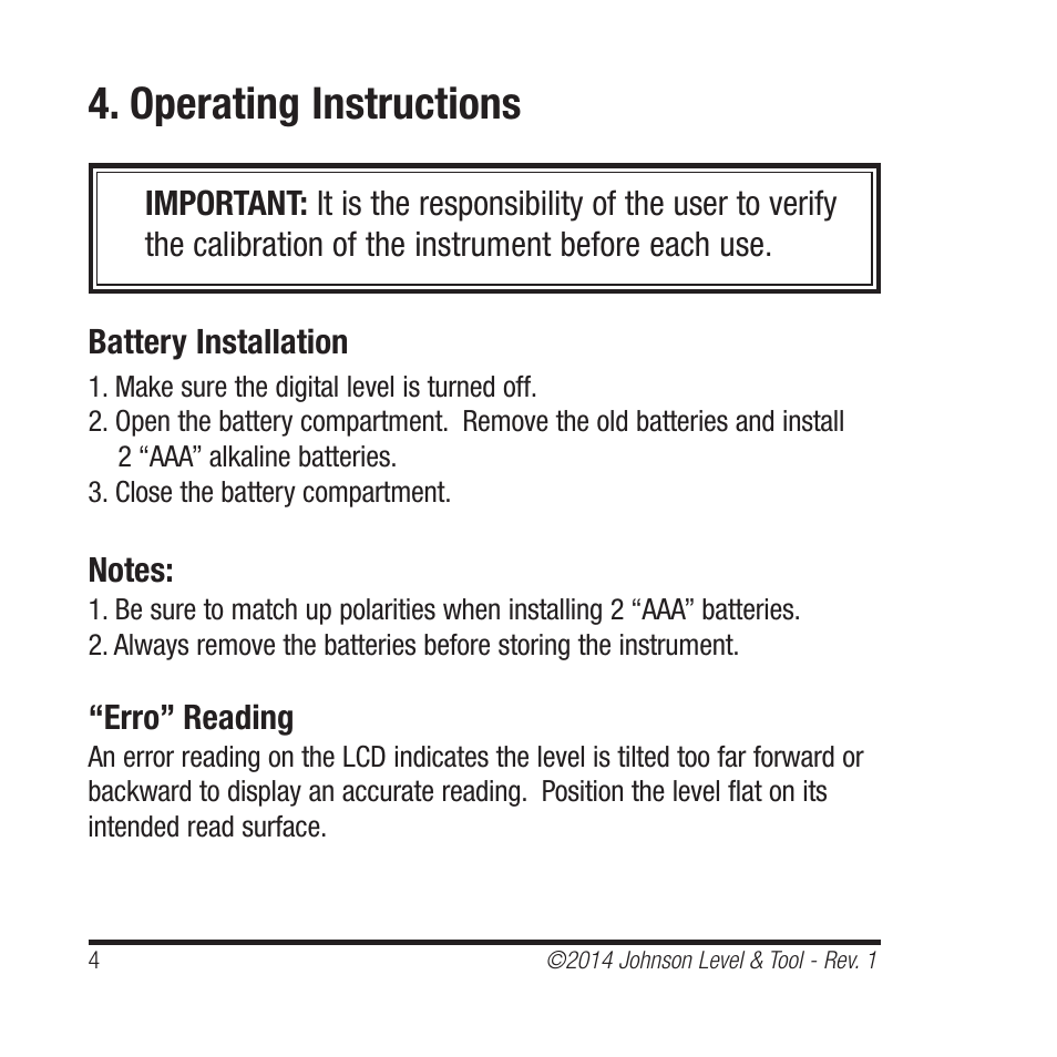 Operating instructions | Johnson Level & Tool Mfg. 1455-0000 User Manual | Page 4 / 42